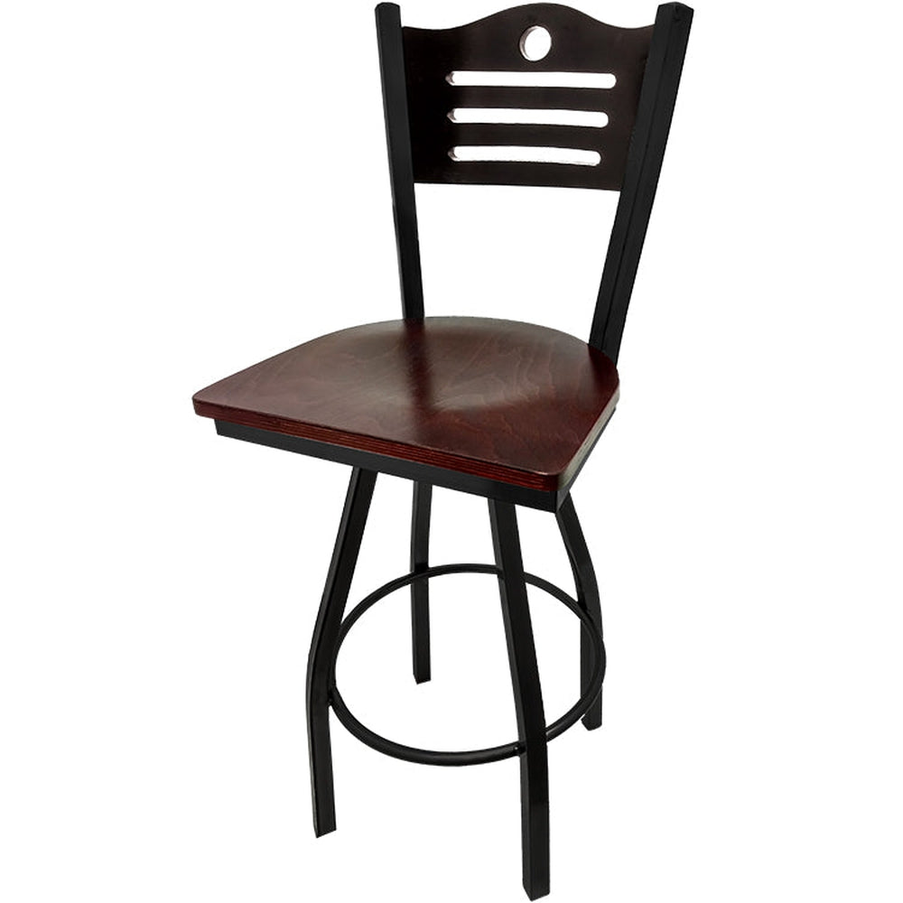 shoreline wood back barstool with black swivel frame