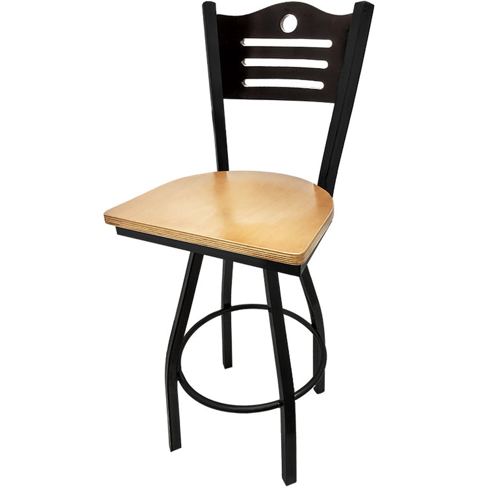 shoreline wood back barstool with black swivel frame