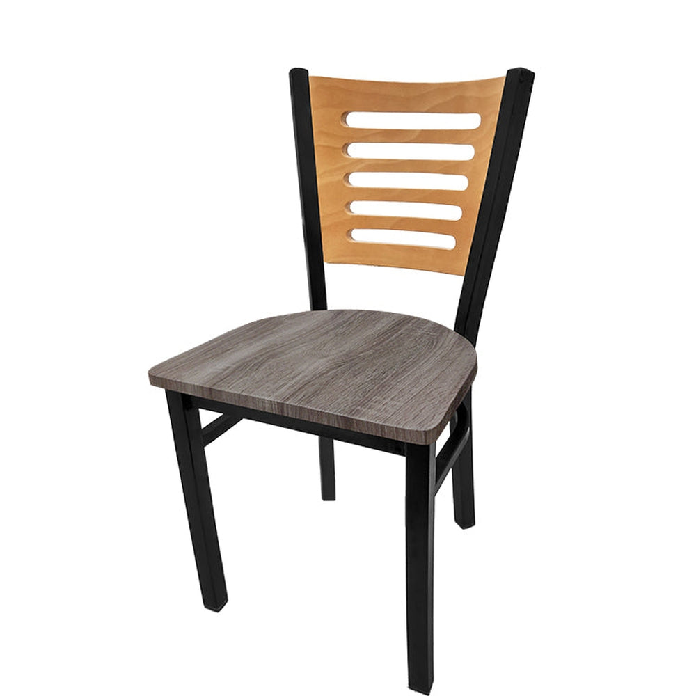 5 line wood back chair with black frame