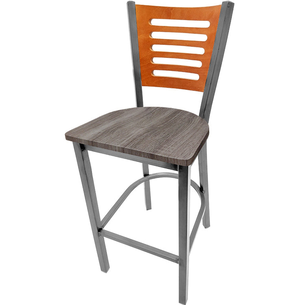 5 line wood back barstool with clear coat frame