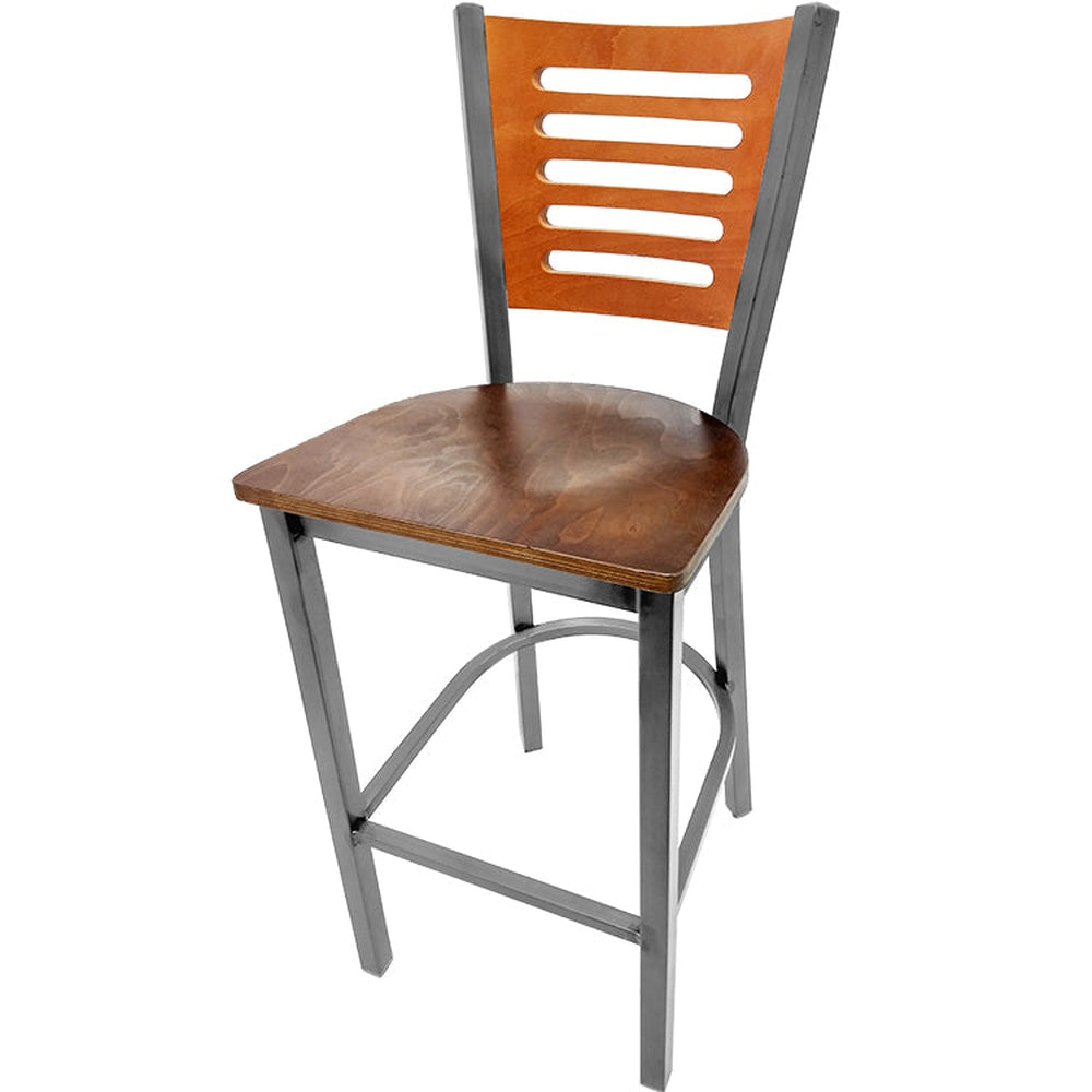 5 line wood back barstool with clear coat frame