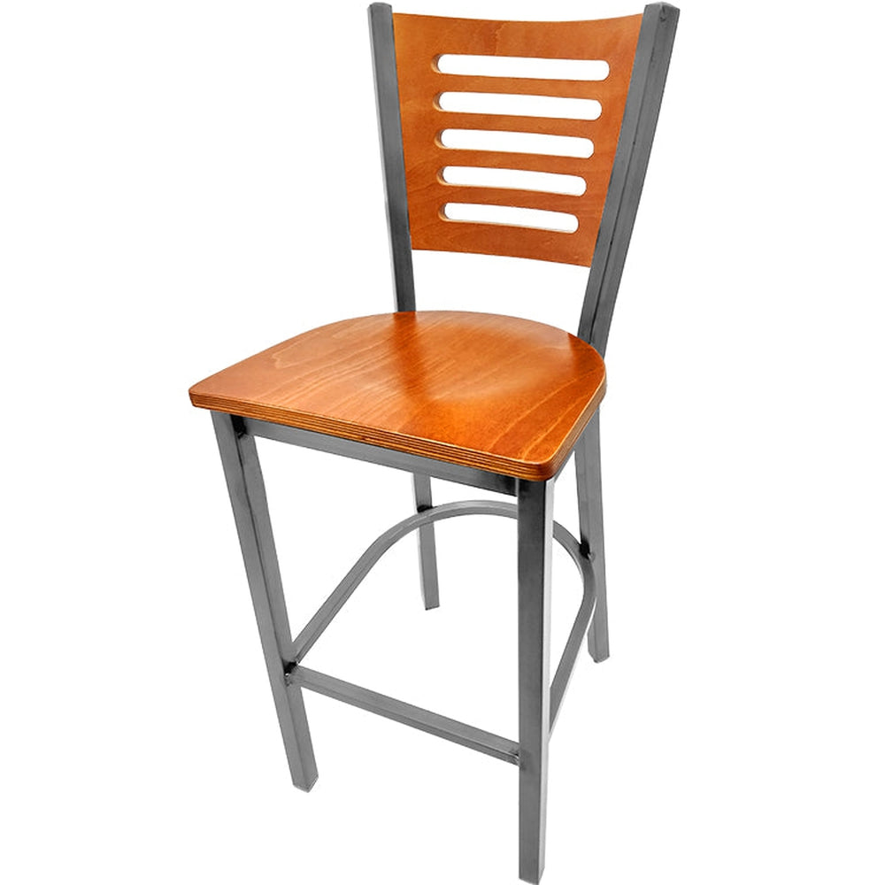 5 line wood back barstool with clear coat frame