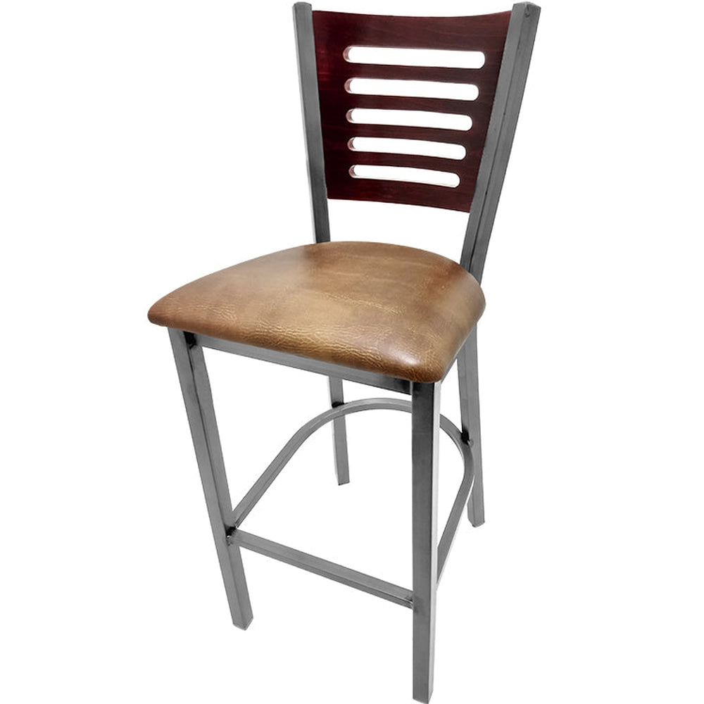 5 line wood back barstool with clear coat frame