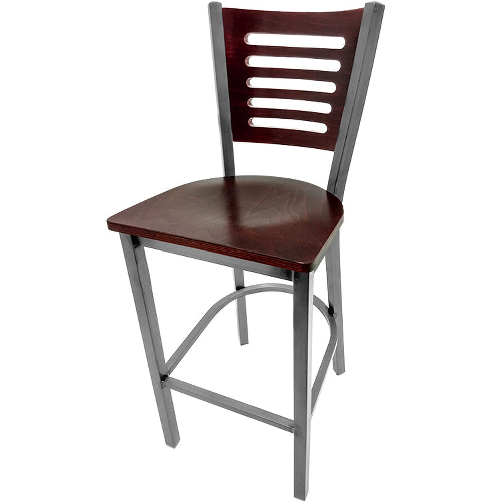 5 line wood back barstool with clear coat frame