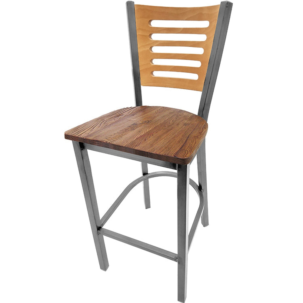 5 line wood back barstool with clear coat frame