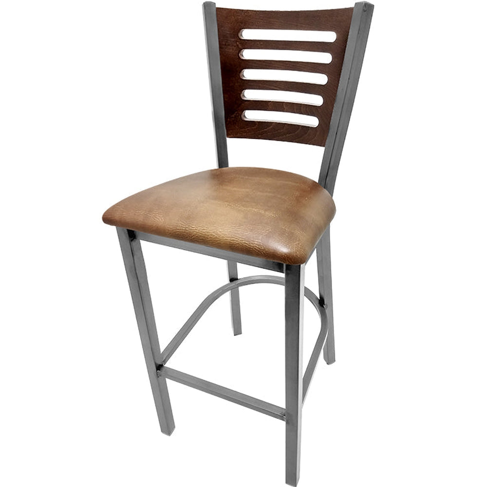 5 line wood back barstool with clear coat frame