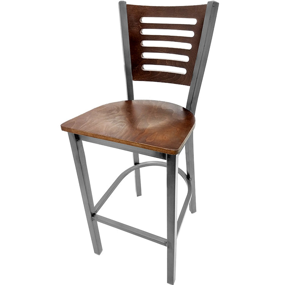 5 line wood back barstool with clear coat frame