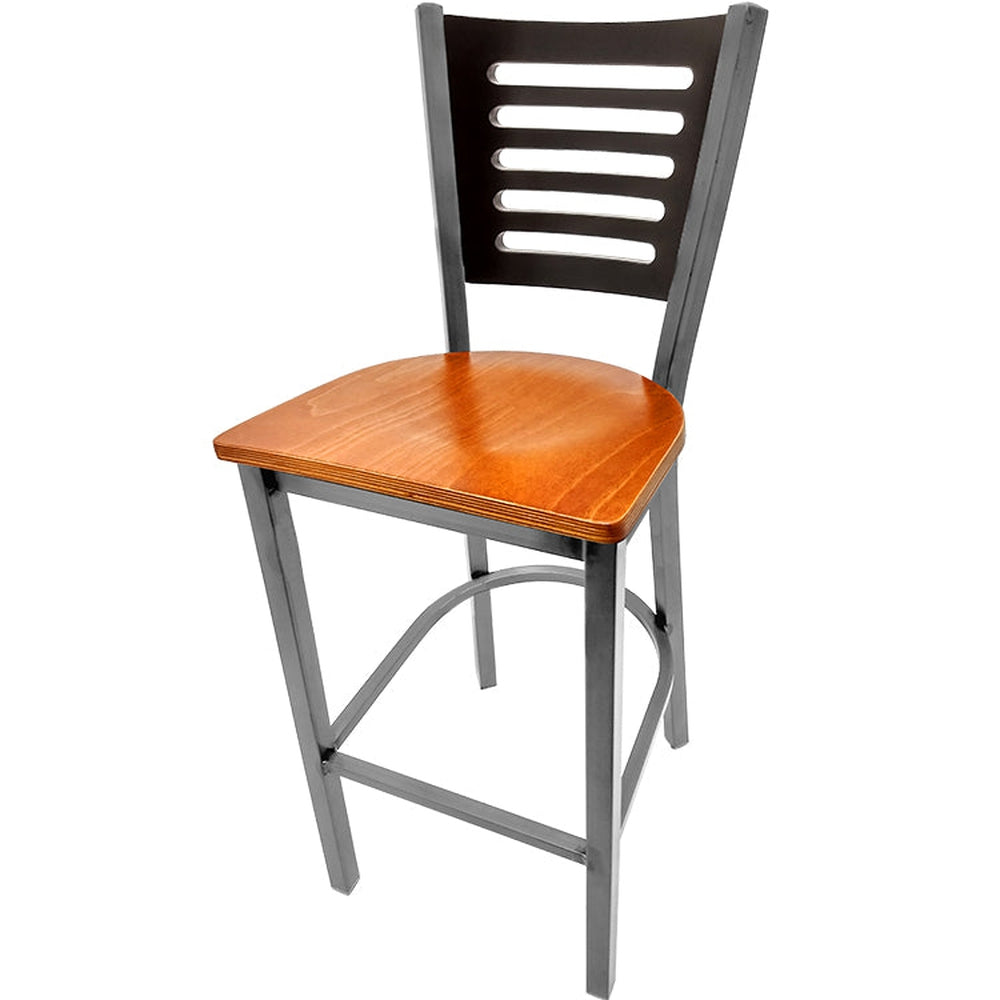 5 line wood back barstool with clear coat frame