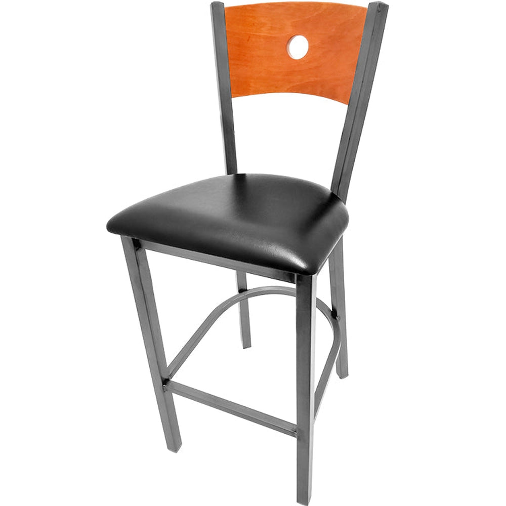 bullseye wood back barstool with clear coat frame