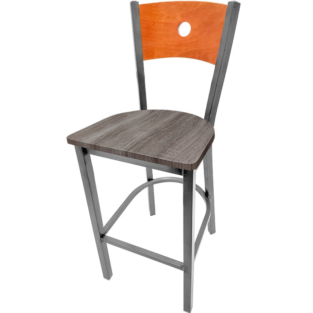 bullseye wood back barstool with clear coat frame