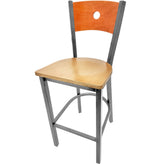 bullseye wood back barstool with clear coat frame