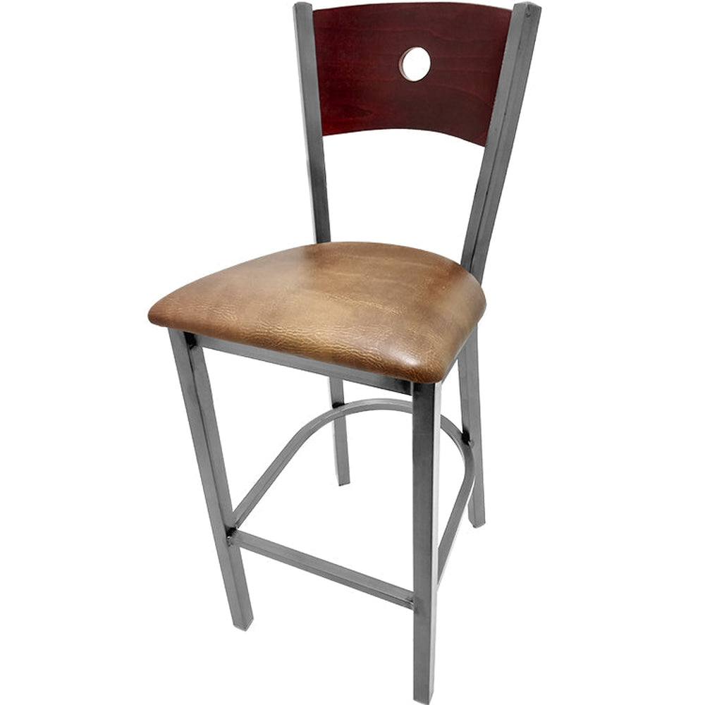 bullseye wood back barstool with clear coat frame