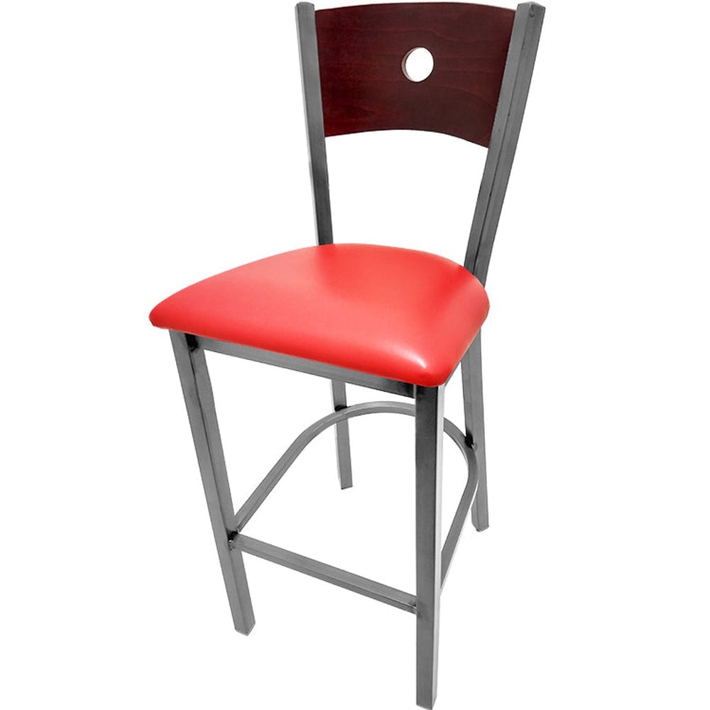 bullseye wood back barstool with clear coat frame