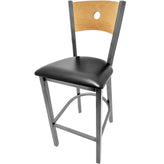 bullseye wood back barstool with clear coat frame