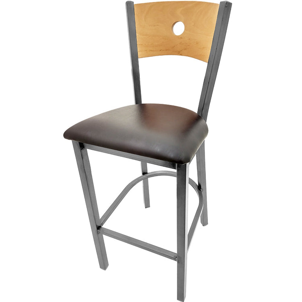 bullseye wood back barstool with clear coat frame