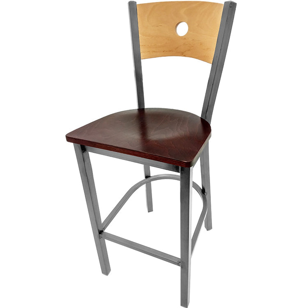 bullseye wood back barstool with clear coat frame