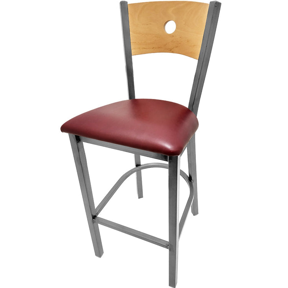 bullseye wood back barstool with clear coat frame