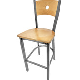 bullseye wood back barstool with clear coat frame