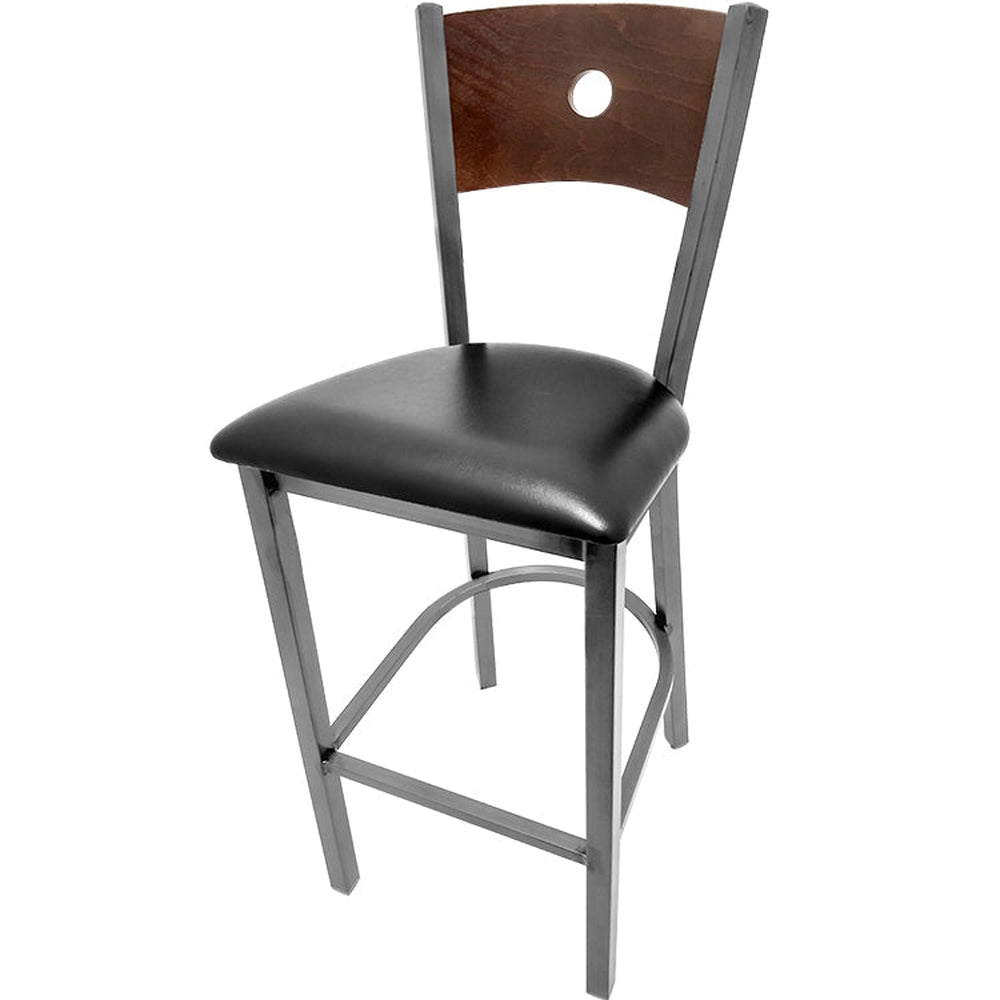 bullseye wood back barstool with clear coat frame