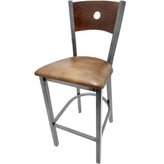 bullseye wood back barstool with clear coat frame