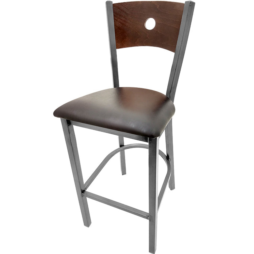 bullseye wood back barstool with clear coat frame