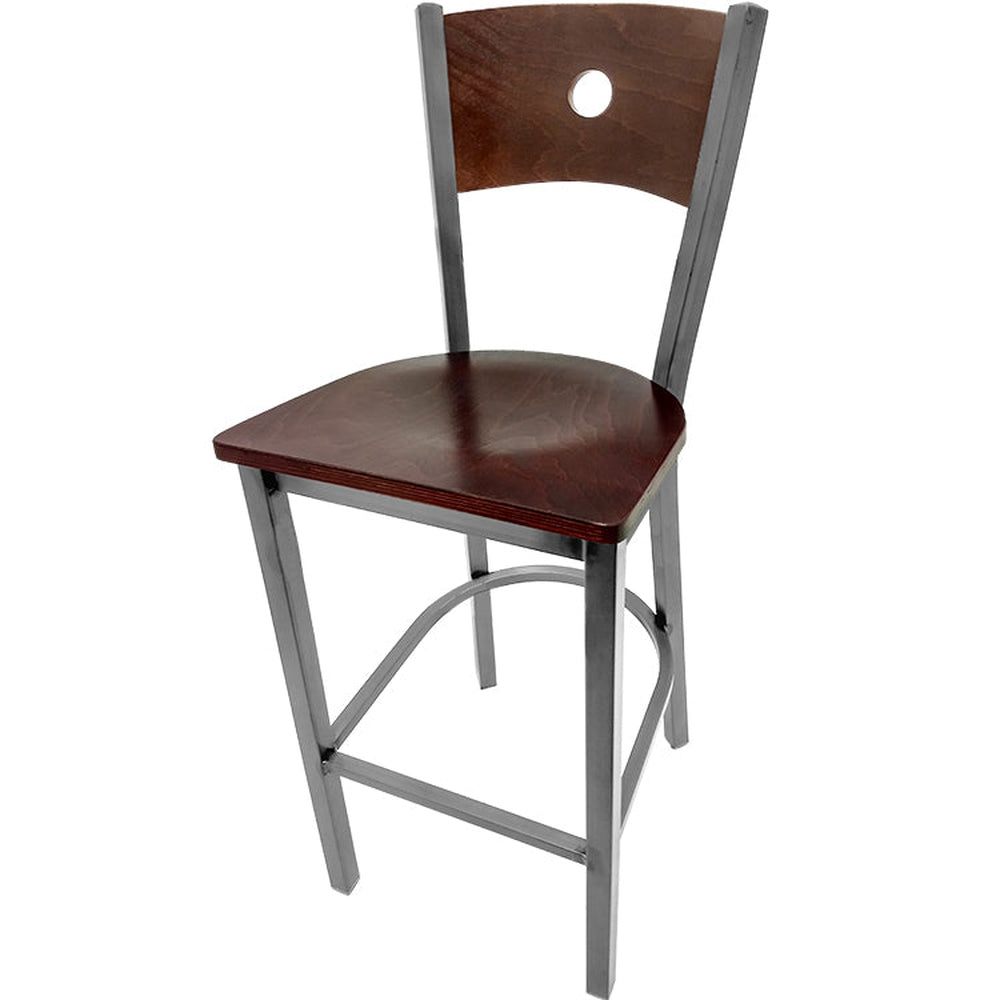 bullseye wood back barstool with clear coat frame