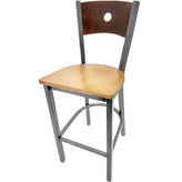 bullseye wood back barstool with clear coat frame