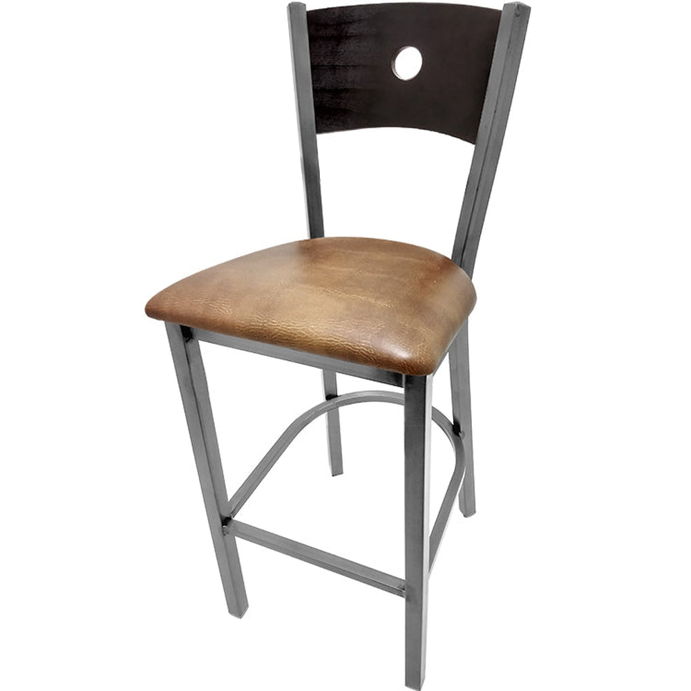 bullseye wood back barstool with clear coat frame