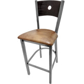 bullseye wood back barstool with clear coat frame