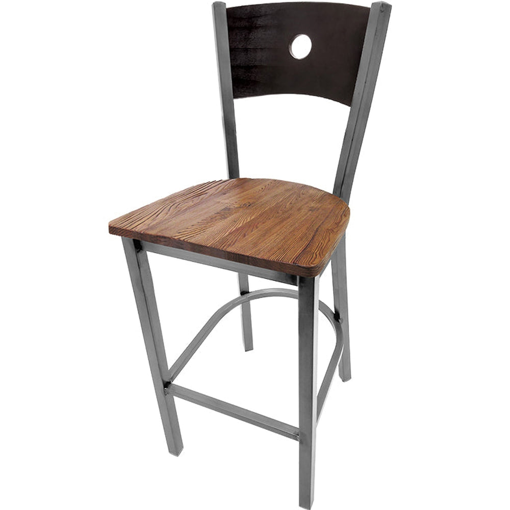 bullseye wood back barstool with clear coat frame