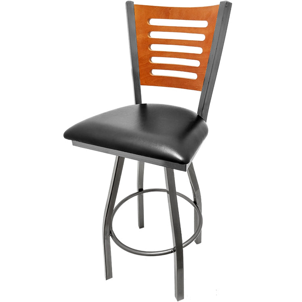 5 line wood back barstool with clear coat swivel frame