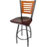 5 line wood back barstool with clear coat swivel frame