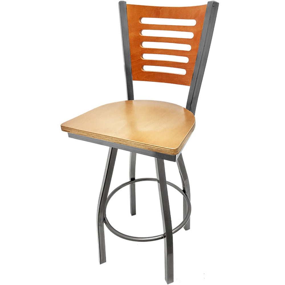 5 line wood back barstool with clear coat swivel frame