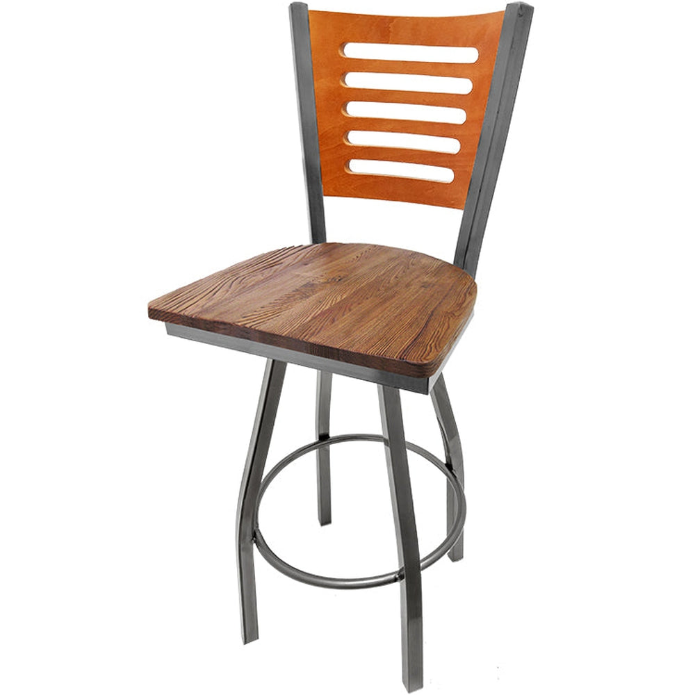 5 line wood back barstool with clear coat swivel frame