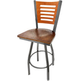 5 line wood back barstool with clear coat swivel frame