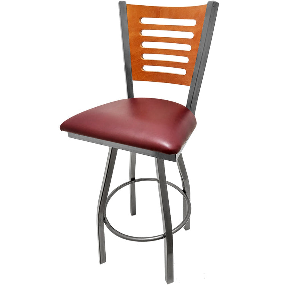 5 line wood back barstool with clear coat swivel frame