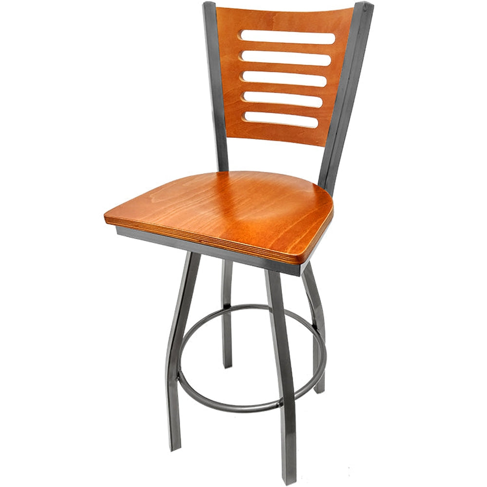 5 line wood back barstool with clear coat swivel frame