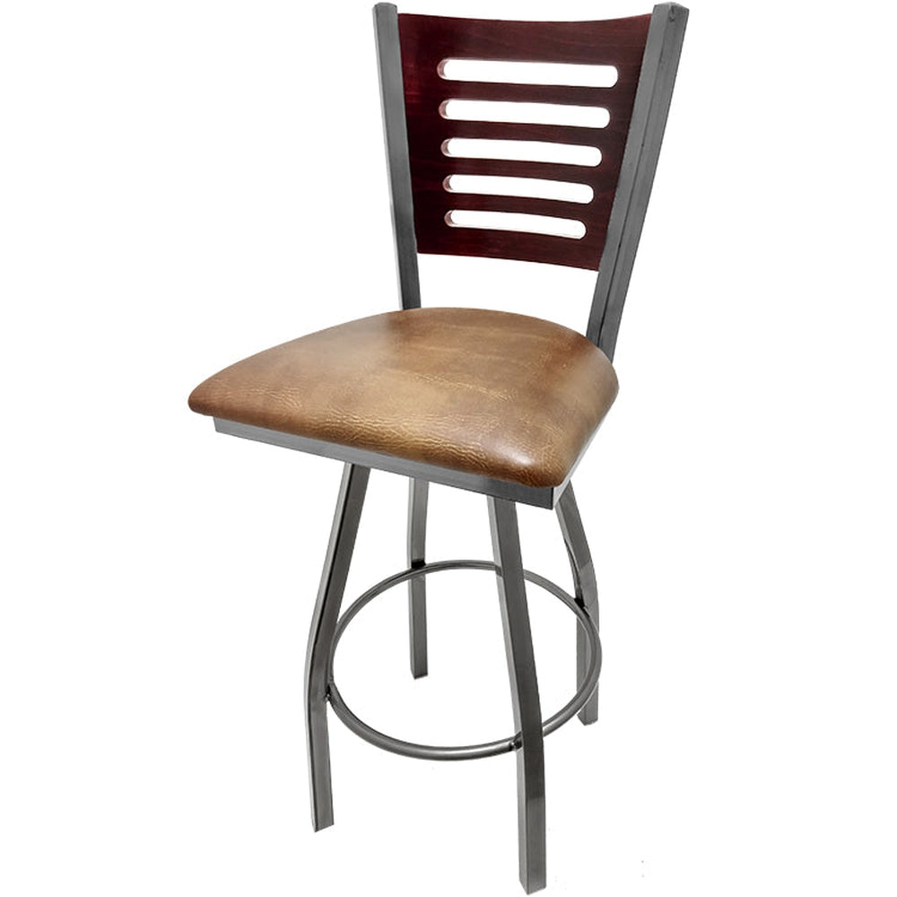 5 line wood back barstool with clear coat swivel frame