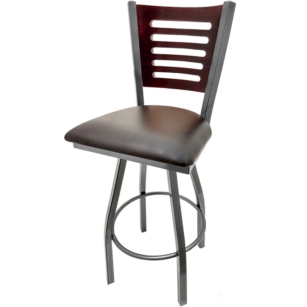 5 line wood back barstool with clear coat swivel frame