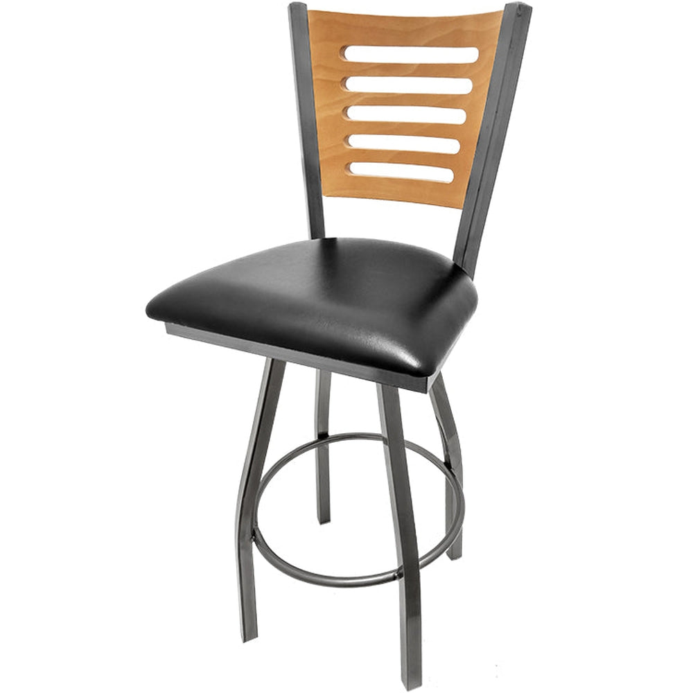 5 line wood back barstool with clear coat swivel frame