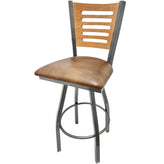 5 line wood back barstool with clear coat swivel frame