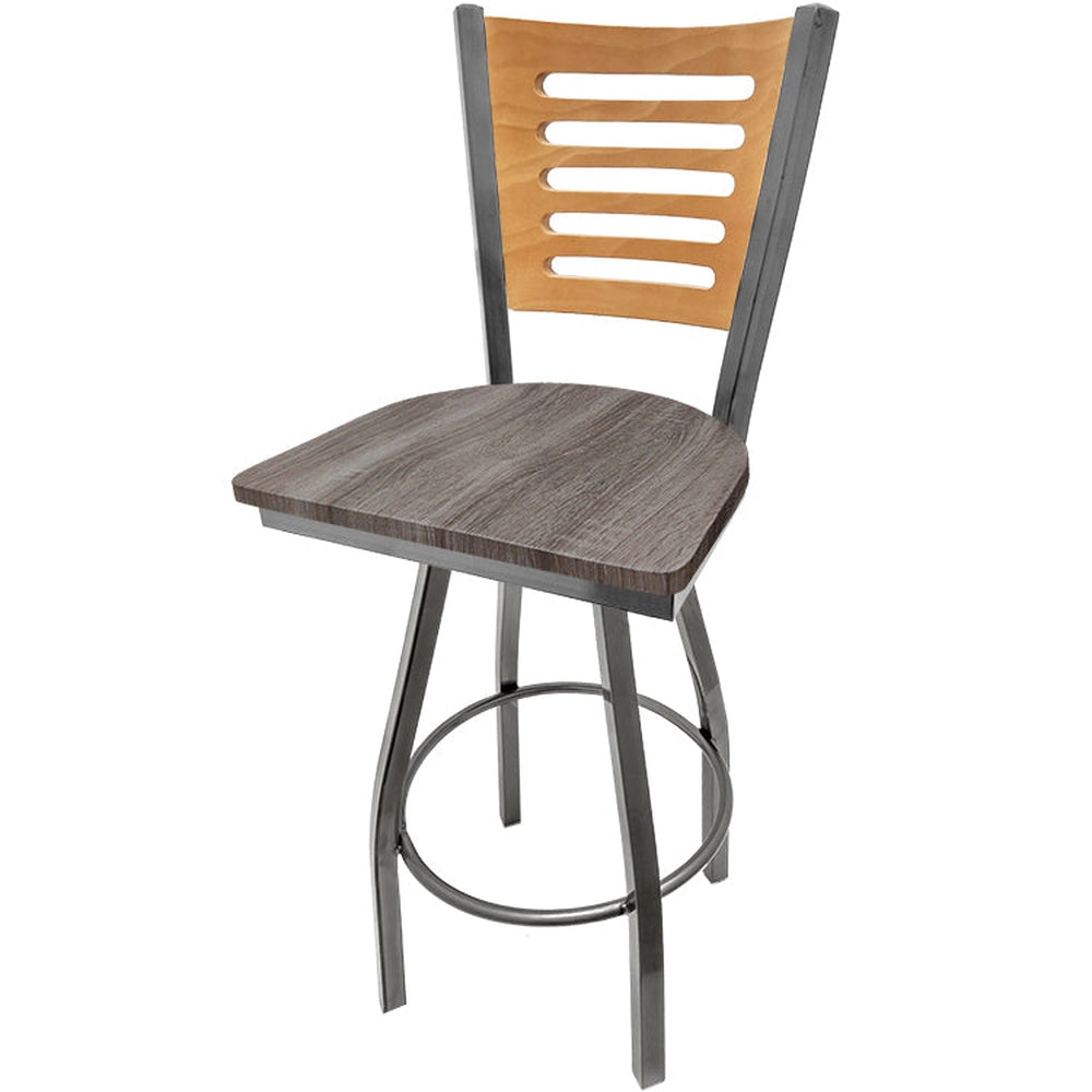 5 line wood back barstool with clear coat swivel frame