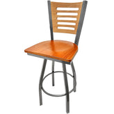 5 line wood back barstool with clear coat swivel frame