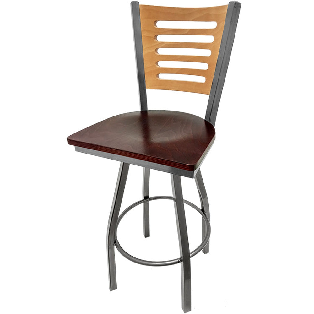 5 line wood back barstool with clear coat swivel frame