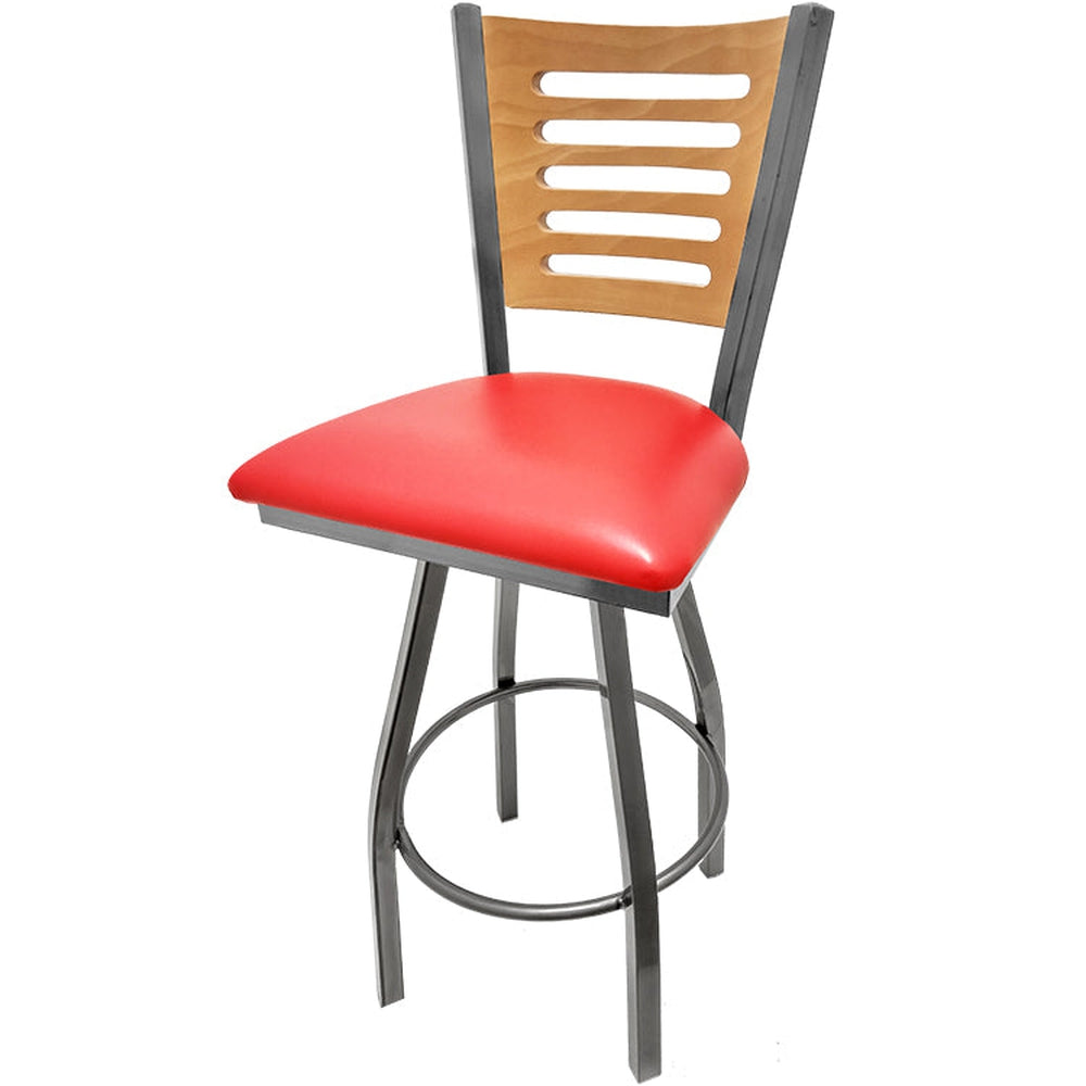 5 line wood back barstool with clear coat swivel frame