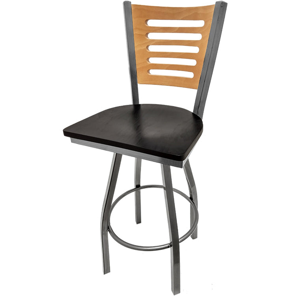 5 line wood back barstool with clear coat swivel frame