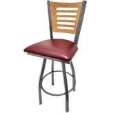 5 line wood back barstool with clear coat swivel frame