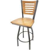 5 line wood back barstool with clear coat swivel frame