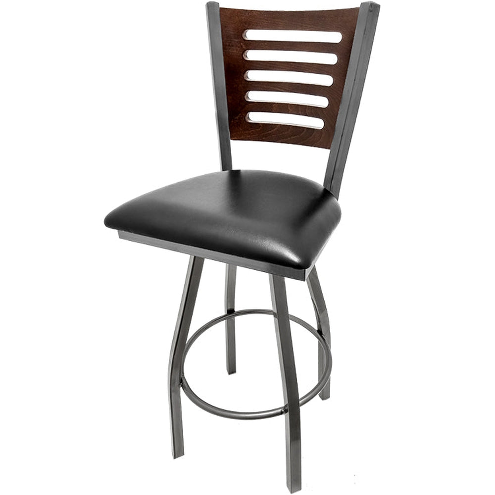 5 line wood back barstool with clear coat swivel frame