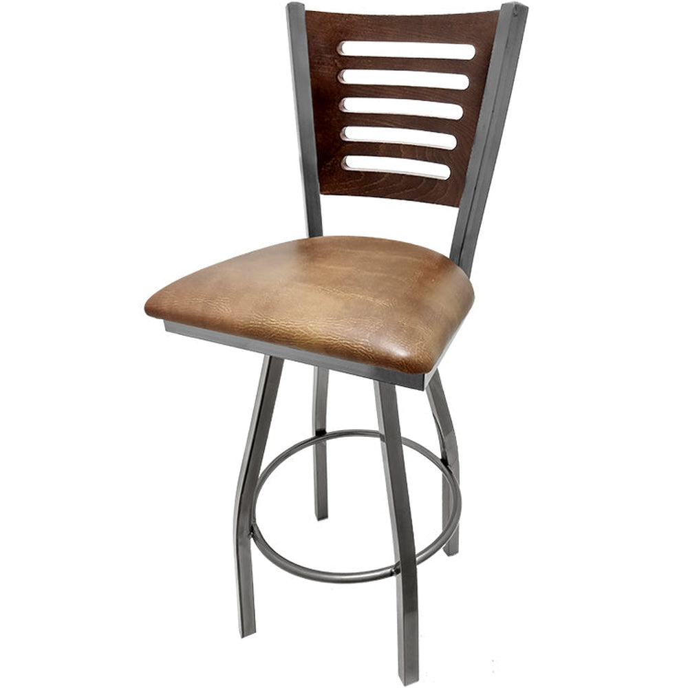 5 line wood back barstool with clear coat swivel frame